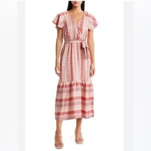 Lucky Brand Tie Waist Tiered Floral Pink Midi Dress Large NWT
